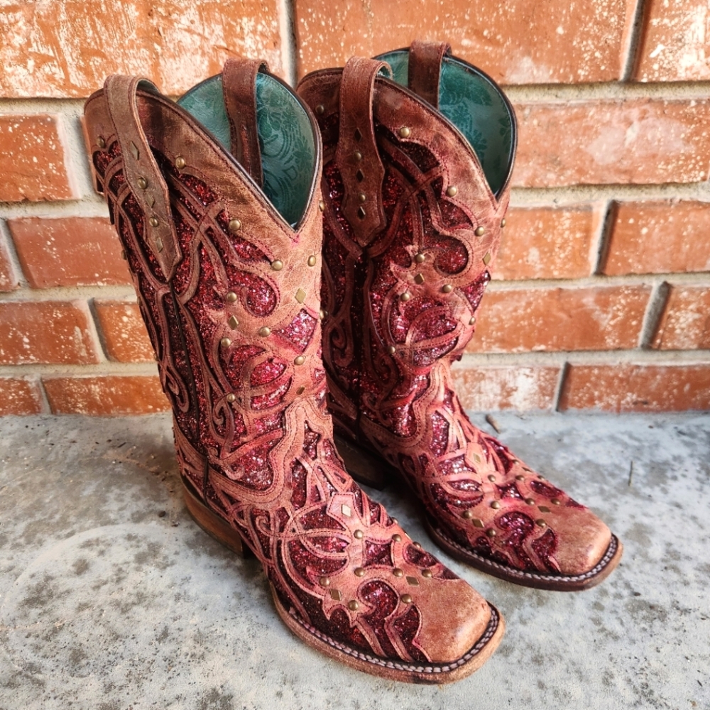 CORRAL Womens Square Toe Boots Magenta Sparkle